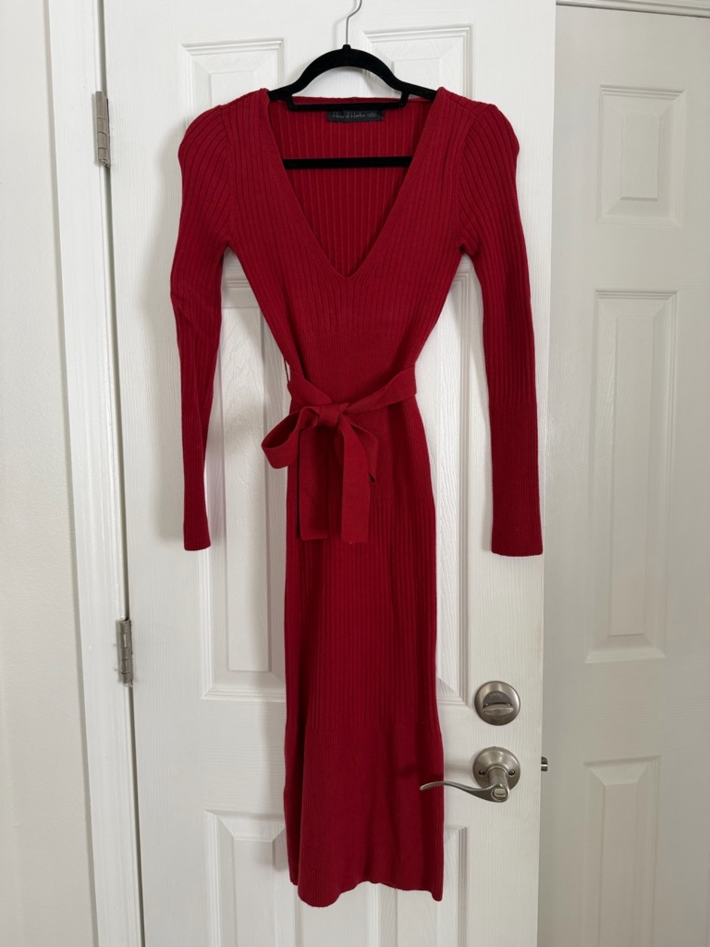 House of Harlow 1960 Red Ribbed Long-Sleeve Wrap Midi Dress